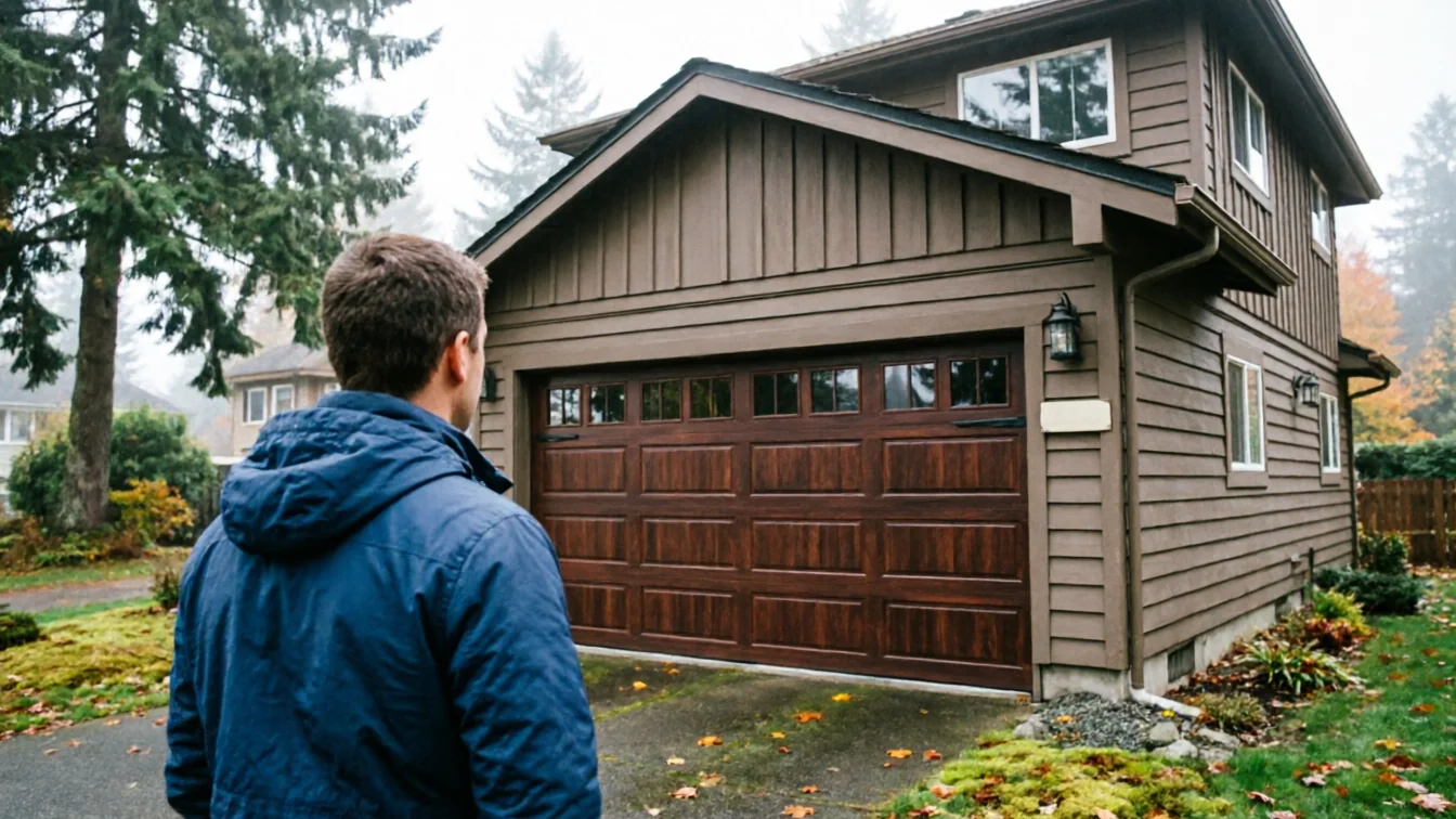 A person in a blue jacket looks at a brown garage door on a house.