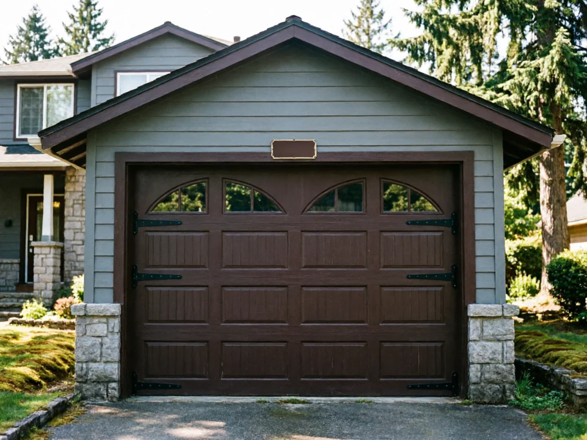 A brown garage door with decorative windows and hardware on a gray house.