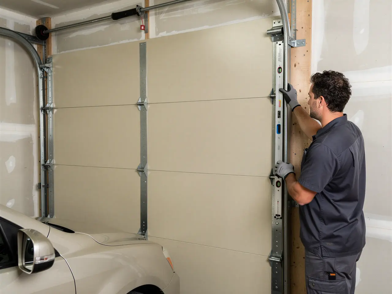 A technician uses a level to adjust the garage door track next to a car.