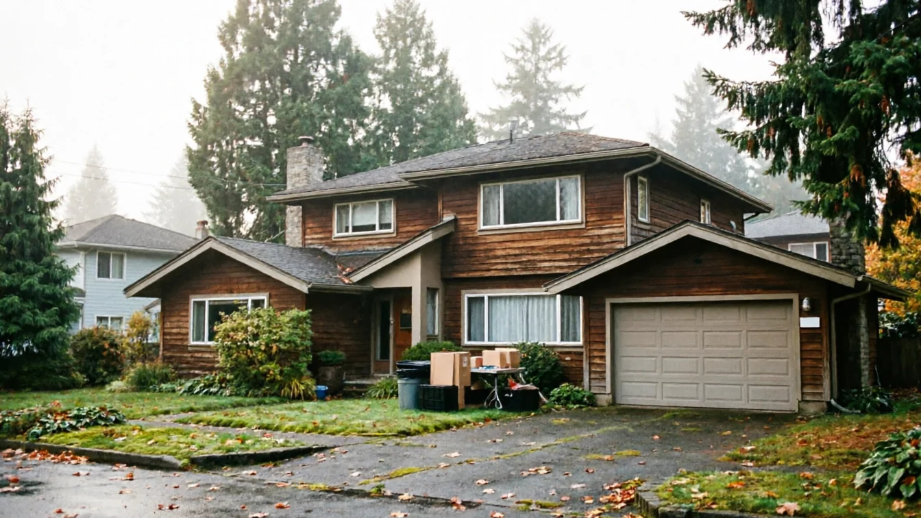 A brown house with a beige garage door and a cracked driveway.