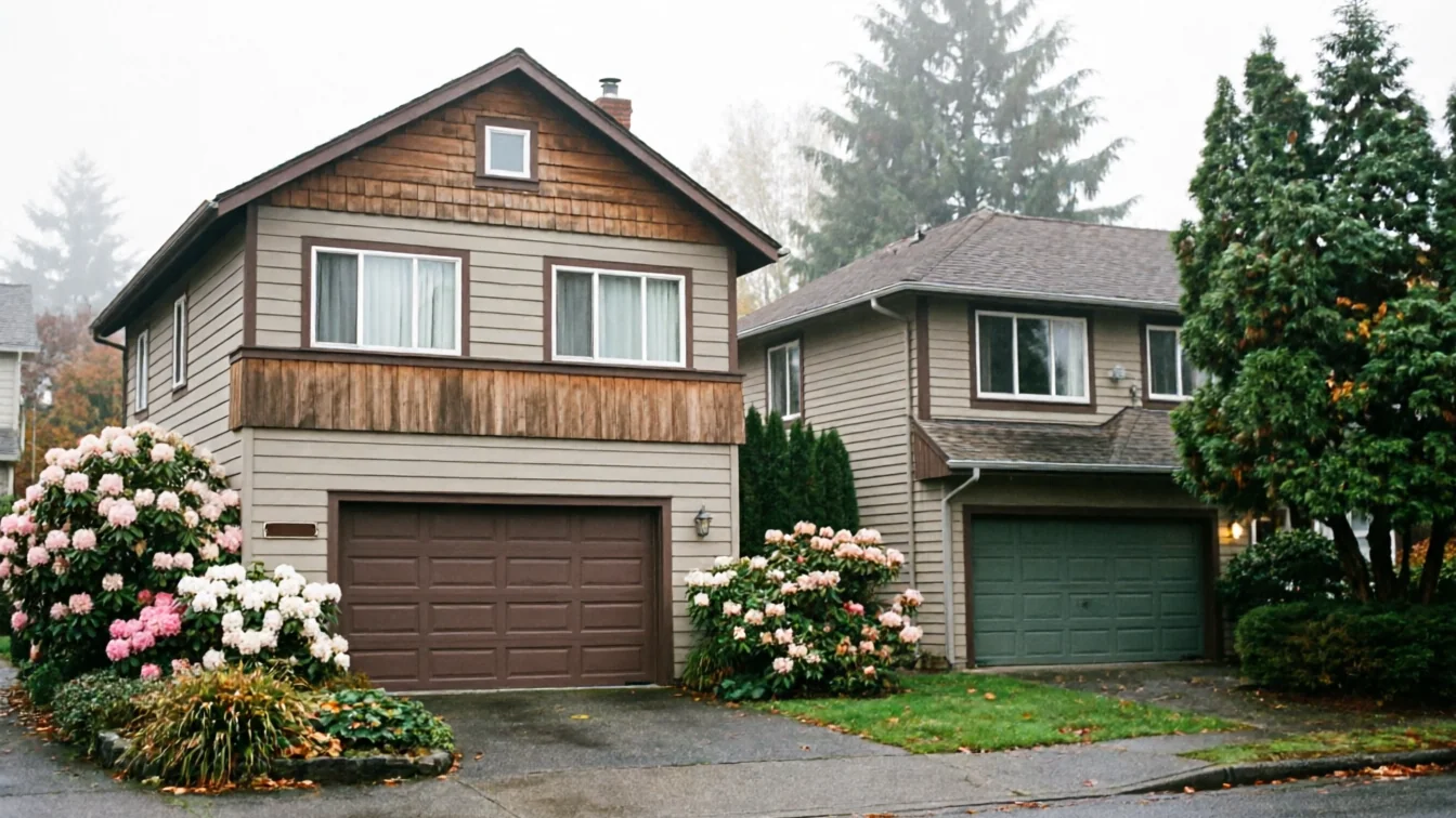 Two houses with brown and green garage doors are visible from the street.