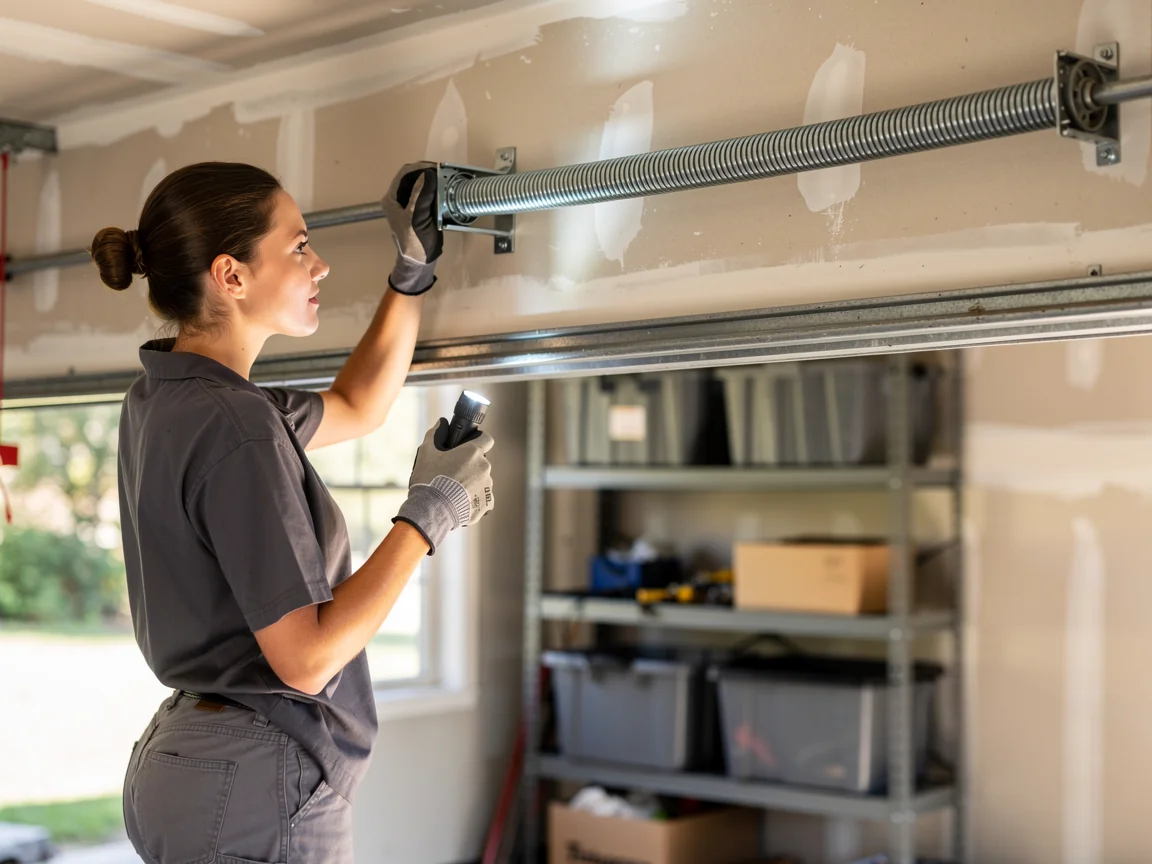 A technician in gloves holds a flashlight while working on a garage door torsion spring.