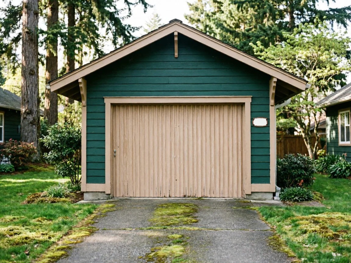 A detached green garage with a tan wooden garage door and a mossy driveway.