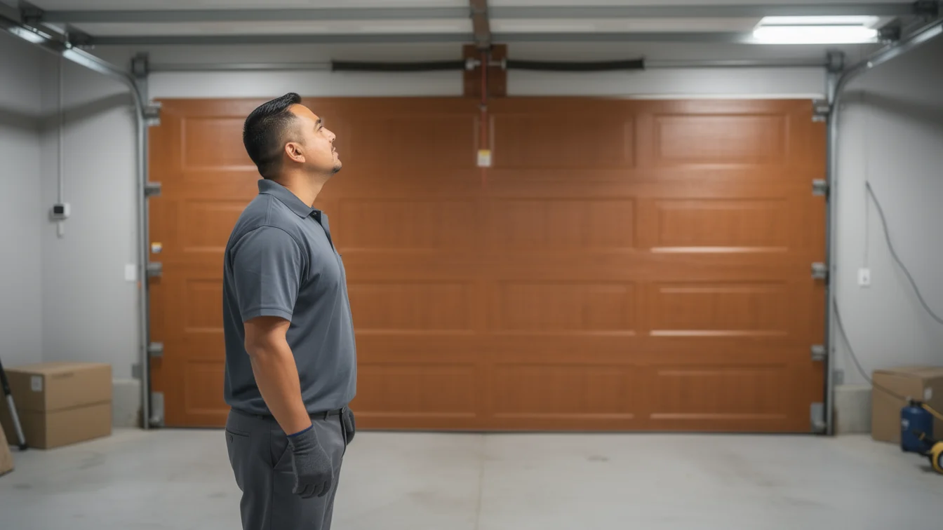 A technician in a gray shirt looks up at a brown garage door.