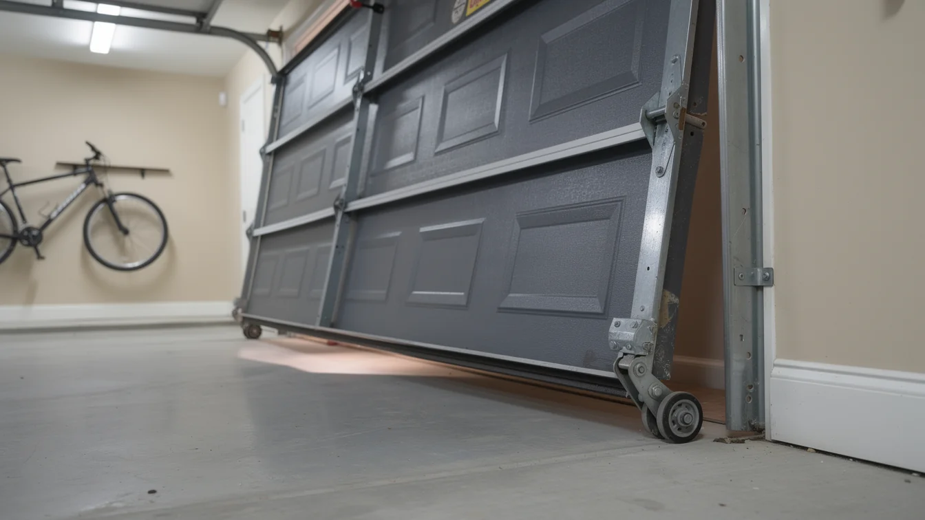 The gray garage door is off its track and leaning against the wall.