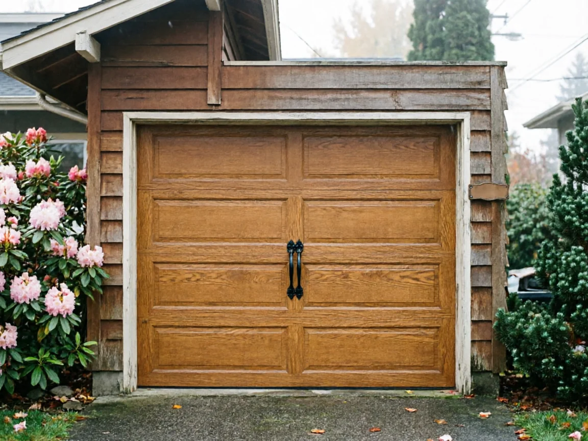 A wooden garage door with black handles is centered on a wooden garage.